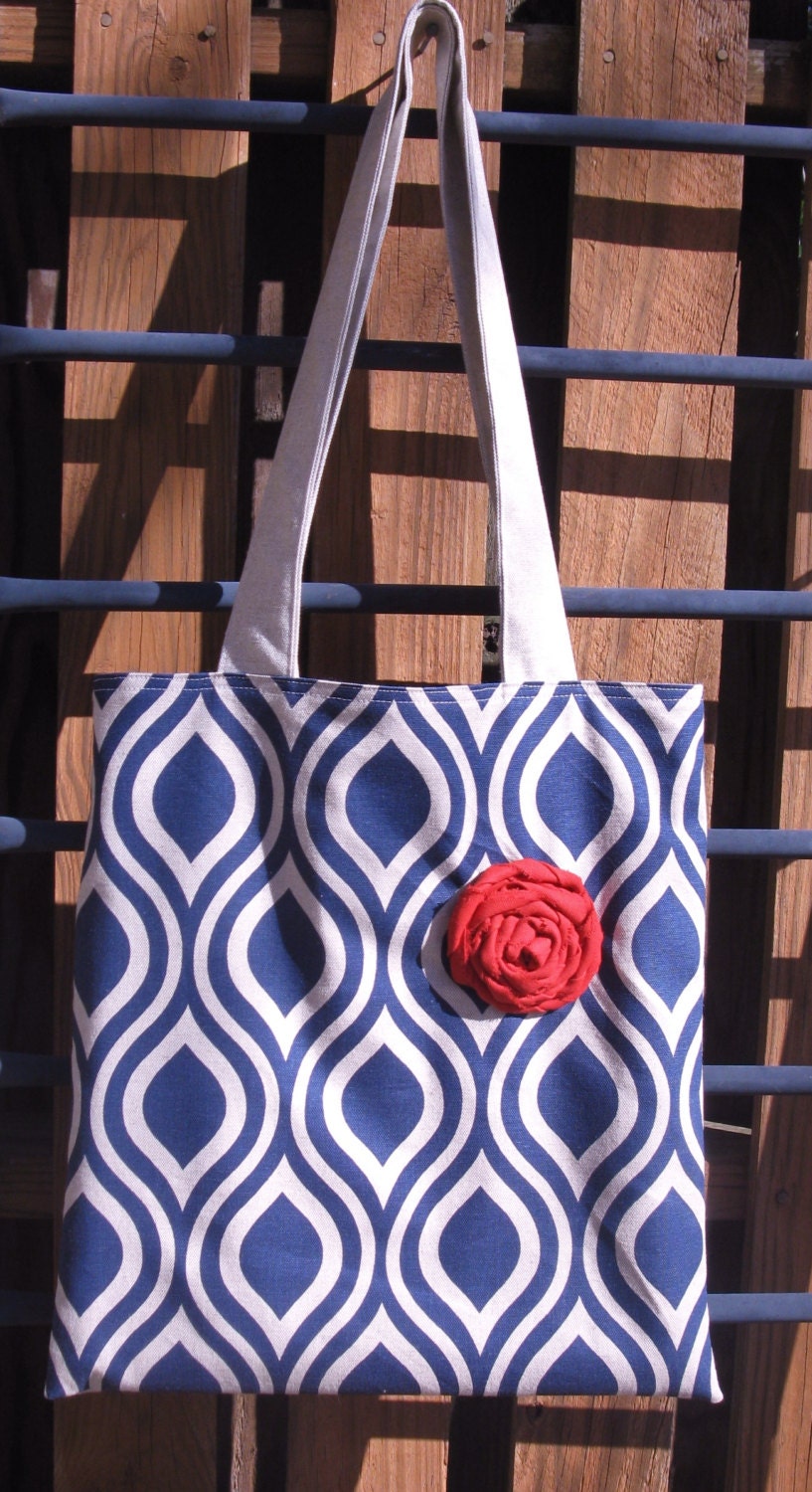 Large Navy Tote Bag with Fabric Flower