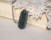 Emerald Dark Green Marble Malachite Wool Oval Pendant. Gift under 30