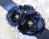 Navy blue satin and lace wedding ribbon bridal belt, navy blue ribbon sash. Bridesmaid flower girl belt