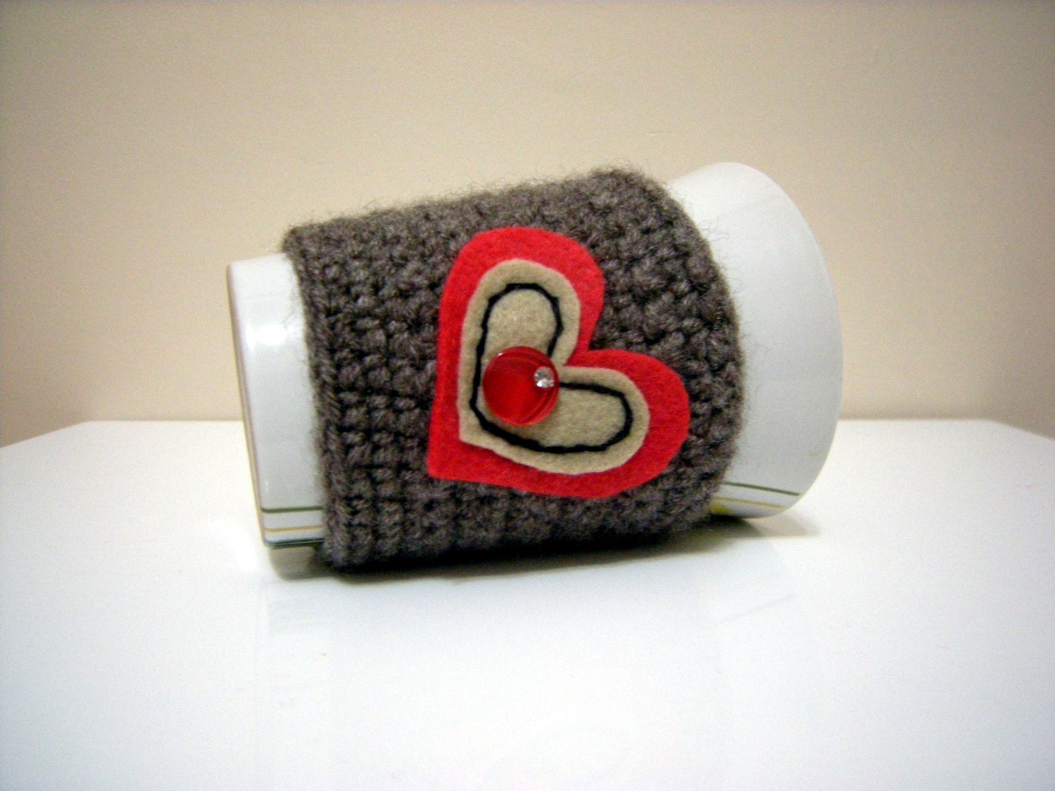 Beige Brown Heart Coffee Cozy, Coffee Mug Cozy, Neutral cup cozy ,Coffee Cozy Sleeve,Cozy in Medium