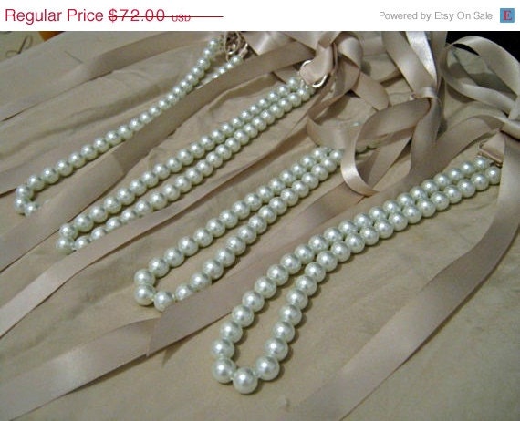 SALE Bridesmaids Pearl Necklace Gifts Set of Four Pearl Ribbon Necklaces With White Pearls And Champagne Satin Ribbon Bridesmaid Gifts