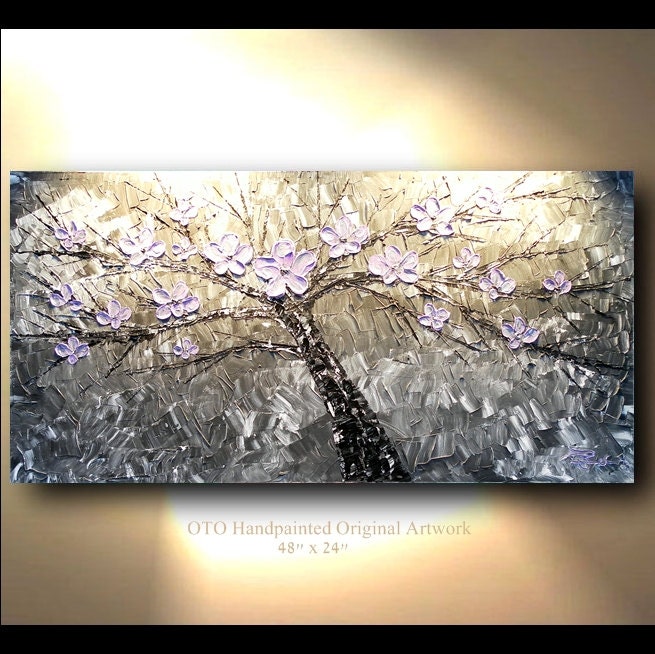 ORIGINAL Oil Painting Abstract Flower Tree Metallic Silver Gray Purple Acrylic Landscape Artwork Textured 48x24 Modern art by OTO