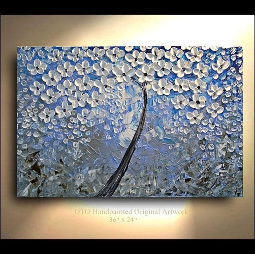 ORIGINAL Painting 24x36 Blue Grey White Abstract Art painting tree flower Large  Modern Contemporary Painting by OTO