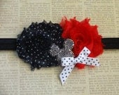 Mickey/Minnie Mouse Headband with Rosettes, Ribbon, and Rhinestone