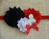 Mickey/Minnie Mouse Headband with Rosettes, Ribbon, and Rhinestone
