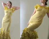 Vintage 20s 30s Yellow Ruffle Dress -Great Gatsby Glamorous Hollywood Buttercup Flamenco Sexy Ballroom Dance Formal Long Bias Lemon Gown XS