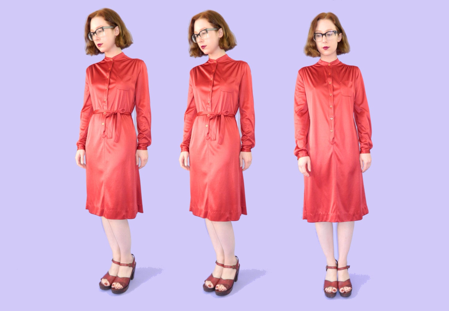 Vintage 1970s Shirt Dress Burgundy Nylon Medium