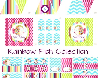 Rainbow Fish Decorations for Birthday Party or Baby Shower - Girls Pink DIY Printable Decor by BeeAndDaisy - Instant Download