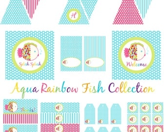 Rainbow Fish Decorations for Birthday Party or Baby Shower - Girls DIY Pink and Aqua Printable Decor by BeeAndDaisy - Instant Download
