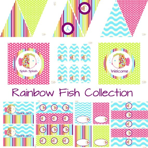 Rainbow Fish Decorations for Birthday Party or Baby Shower - Girls Pink DIY Printable Decor by BeeAndDaisy - Instant Download Il_570xn