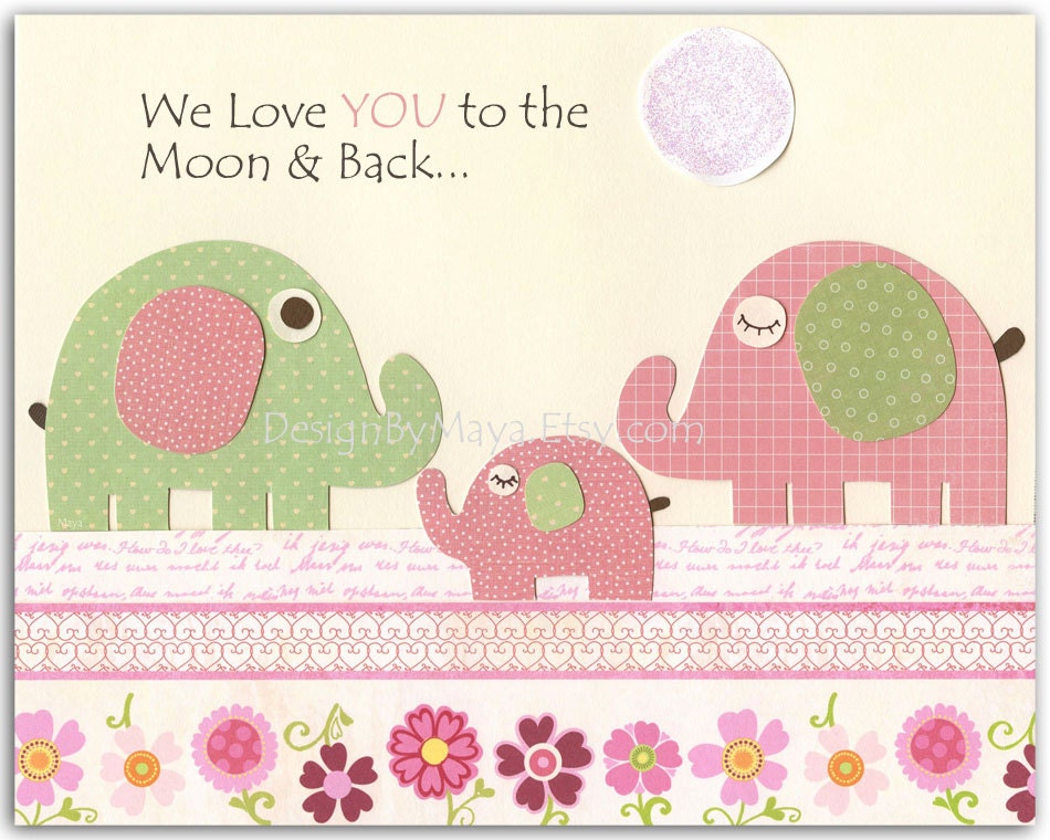 Baby girl nursery, Nursery wall art print, Baby girl room decor, baby elephant ...we love you to the moon and back..light pink light green