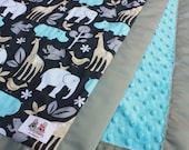 Minky Baby Stroller Blanket -- Sea Zoology with Turquoise Minky with Gray Satin Trim -- MADE TO ORDER