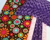 3pc Double Minky Flower Child with Violet Rosebud Swirl & Satin Trim -- Crib/ Toddler Bed Blanket, Sham and Pillow -- MADE TO ORDER