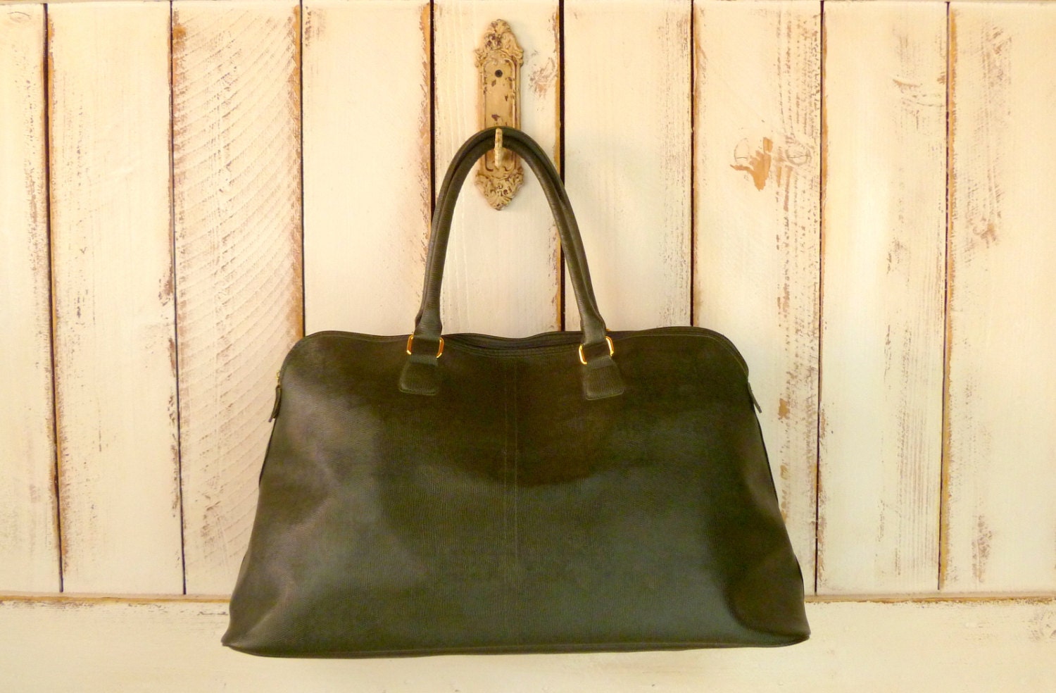 Dark green lizard embossed weekend travel tote bag