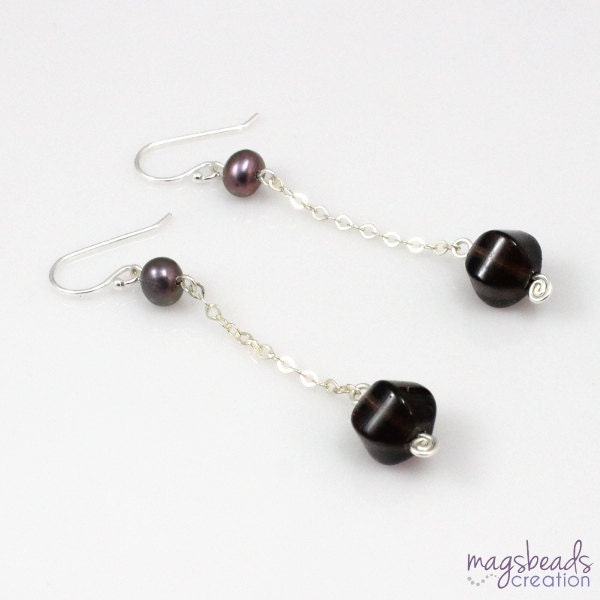 Dangle Smokey Quartz Stone Earrings, Chain Stone Earring, Brown, Neutral, Everyday Jewelry, Sterling Silver, Elegant, Handmade Jewellery