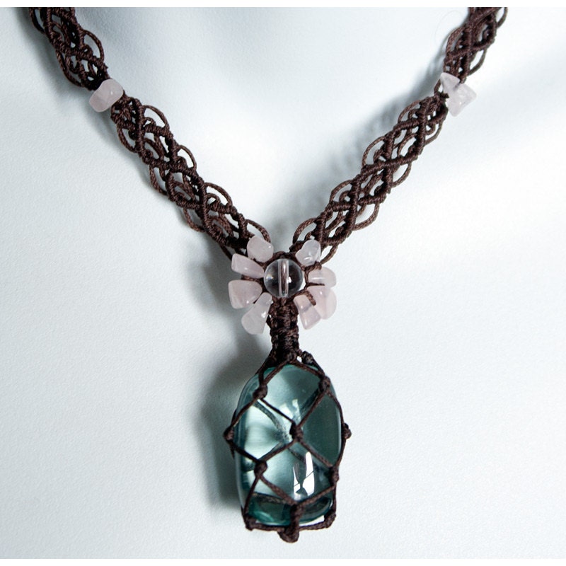 Green Obsidian Crystal and Rose Quartz Handwoven Macrame Necklace