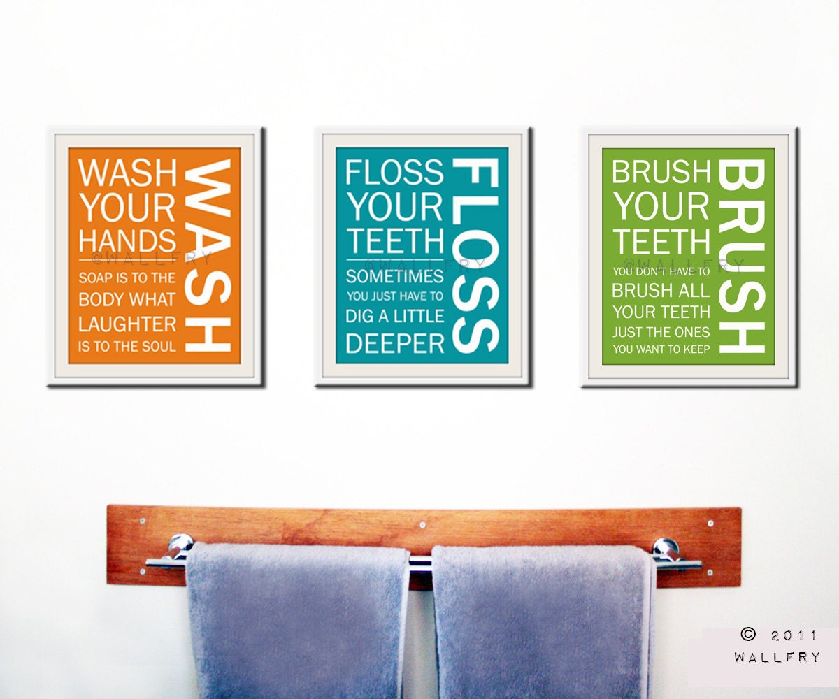 Kids bath wall art. Bathroom rules. Bathroom prints Wash Brush Floss Flush. Typography. Set of 3 11x14 prints bathroom signs