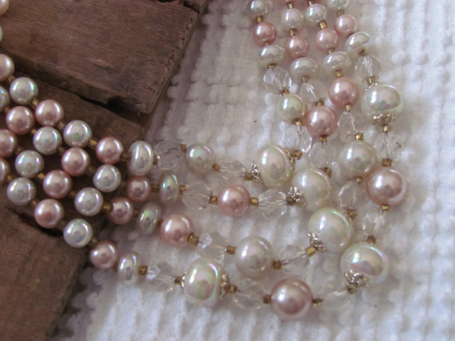 Vintage 4 Strand Cream and Pink Faux Pearl Necklace