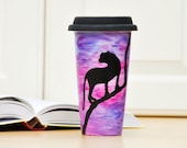 Purple Ceramic Travel Mug - Animal Silhouette Eco cup - Hand Painted Coffee Mug with Lid - Office Mug
