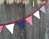 Reversible All American and Aqua and Red Banner - blue and red Banner, Spring Fabric Pennant, garland, photo prop home decoration