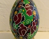 Singing birds, ukrainian egg, pysanky, green and fuschia goose egg