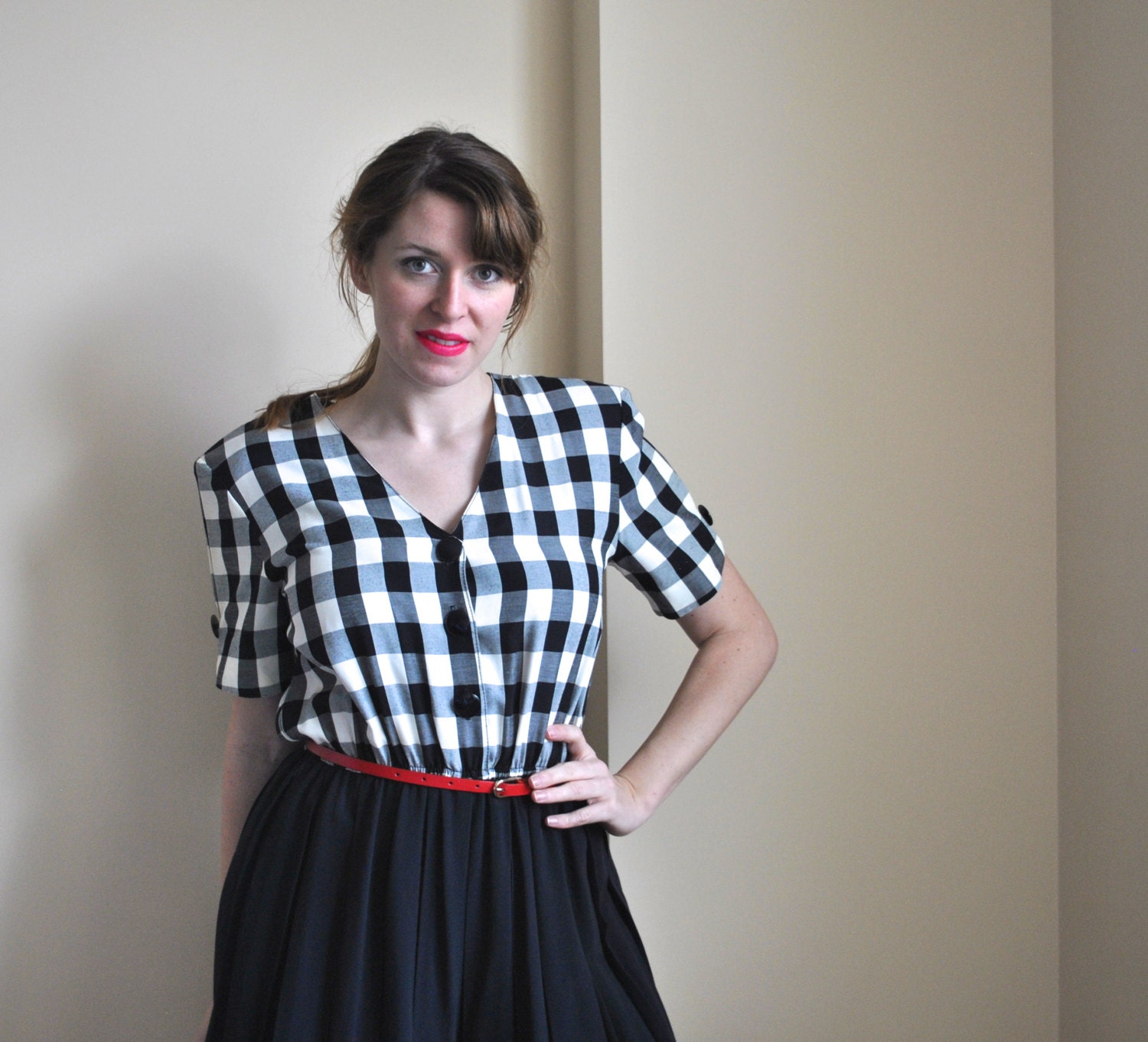 80s Romper - 80s Skort Black and White Checkered Playsuit - Medium - Large Romper
