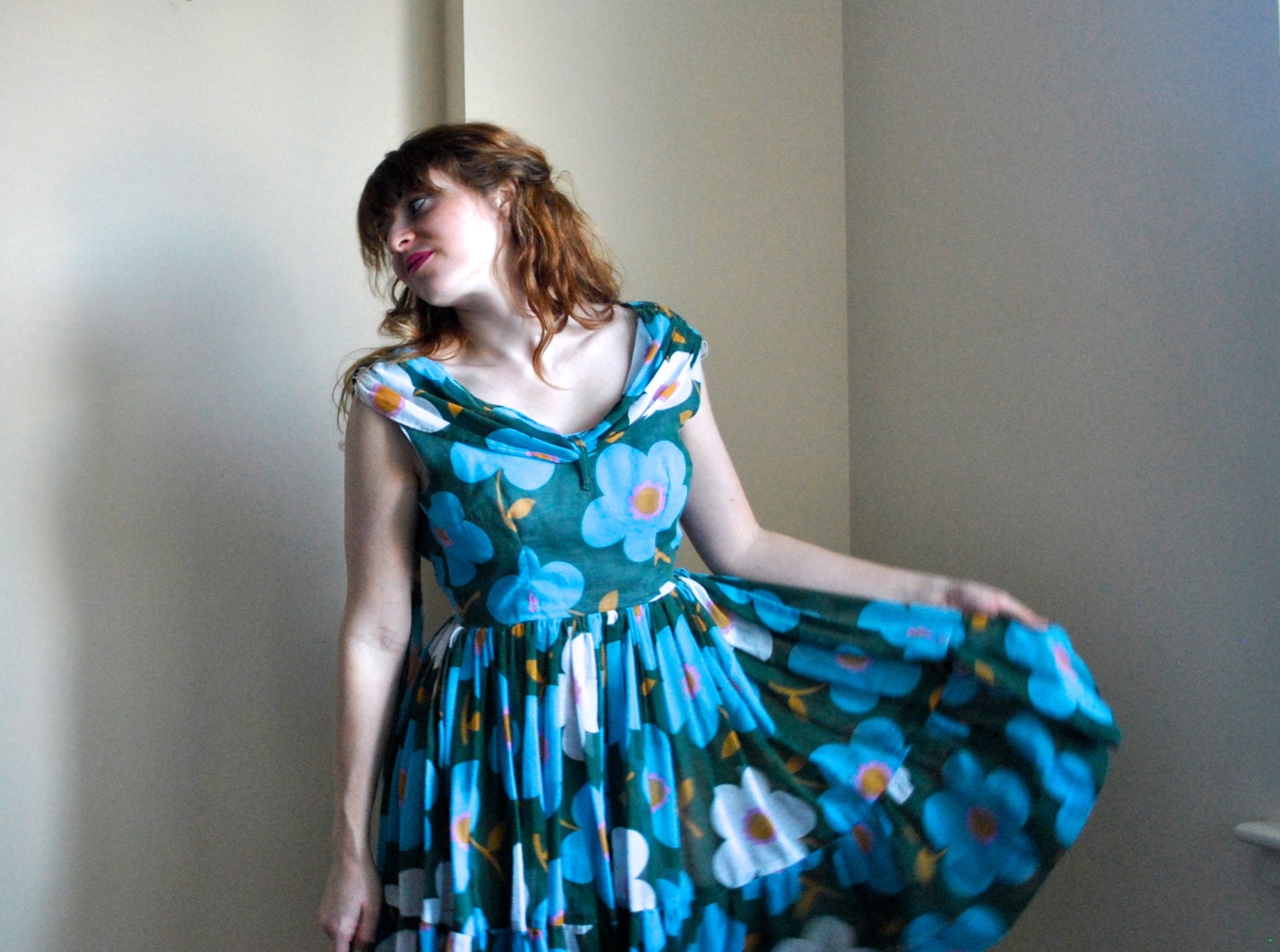 Summer Dress Blue Green Mod 60s Big Floral Print Dress - XS 60s Floral Dress - Full Skirt 1960s Spring Dress
