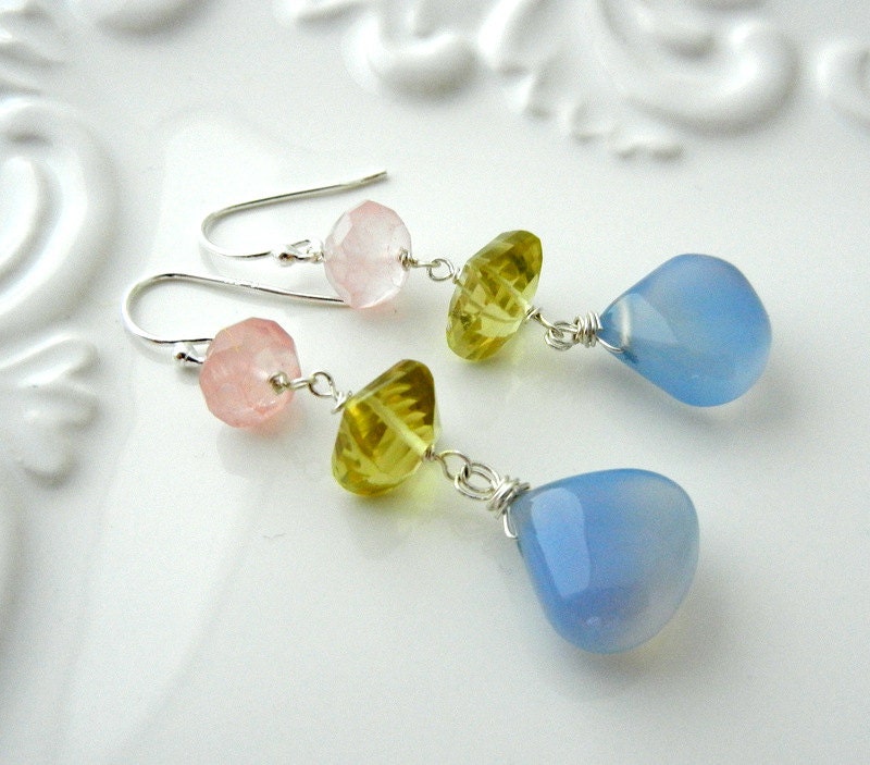 Pastel Pink Rose Quartz Lemon Quartz Sky Blue Chalcedony Smooth Teardrop Briolette Linear Sterling Silver Earrings