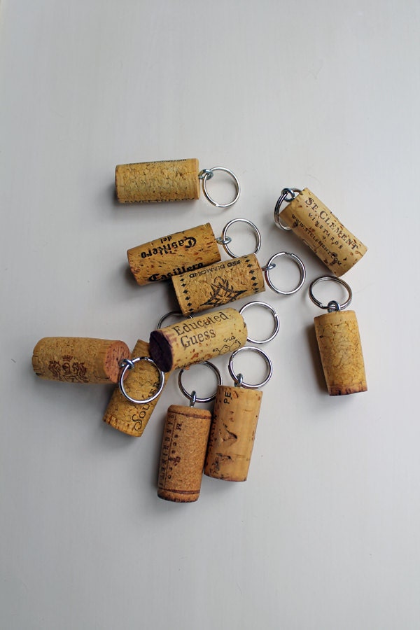 Keychain Party Favors, Wine Cork Favors, Wedding Favors, Wine Cork Keychains - yellow corks, keychains key chains - teamupcyclers