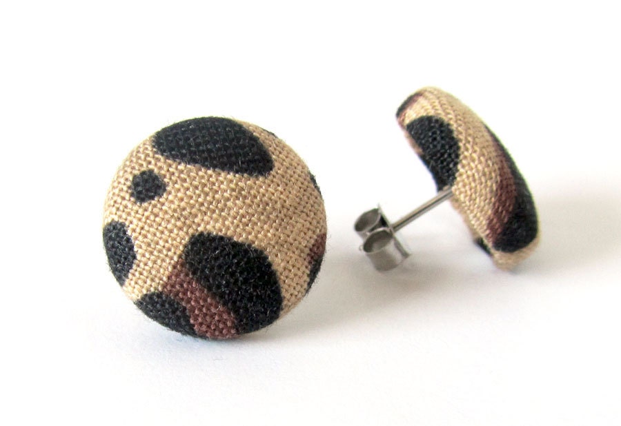 Animal print button earrings studs cheetah leopard bobcat jaguar brown black