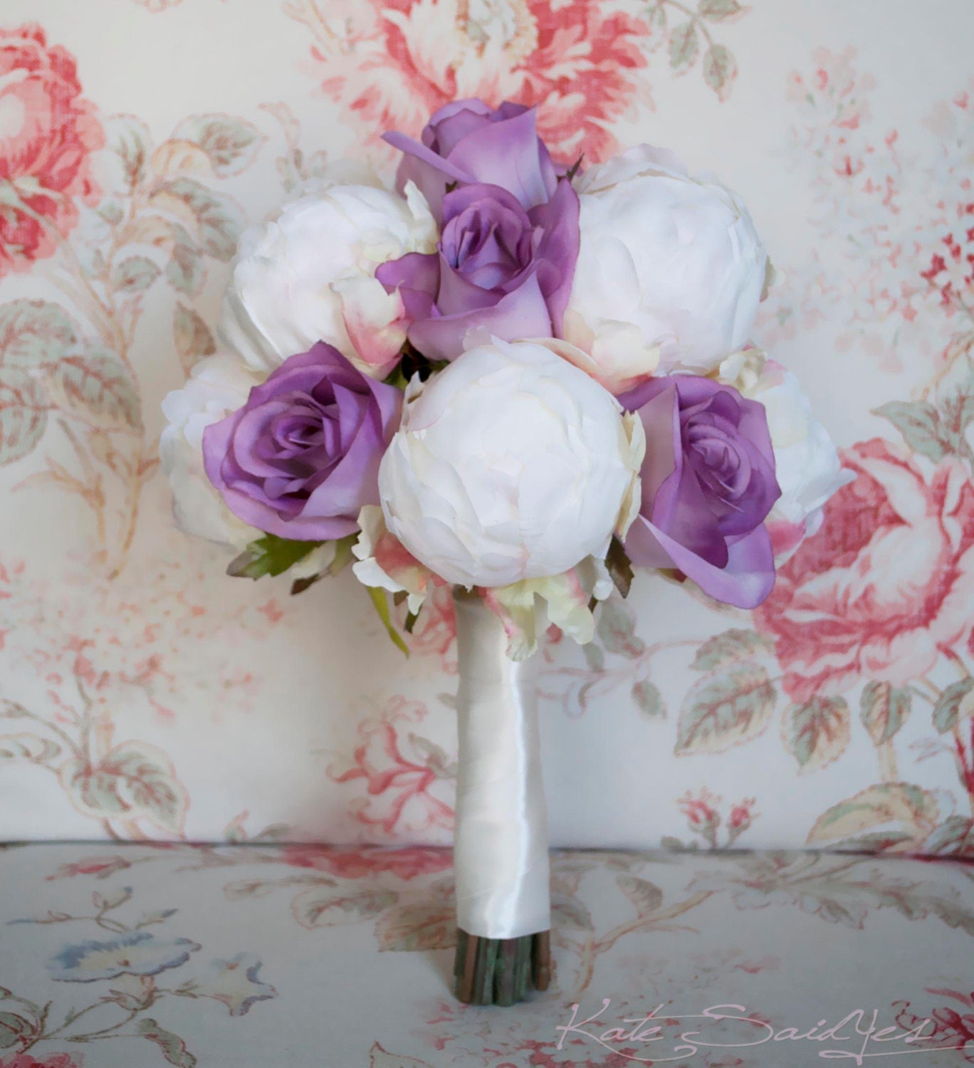 Ivory and Lavender Wedding Bouquet - Ivory Peony and Lavender Rose Wedding Bouquet