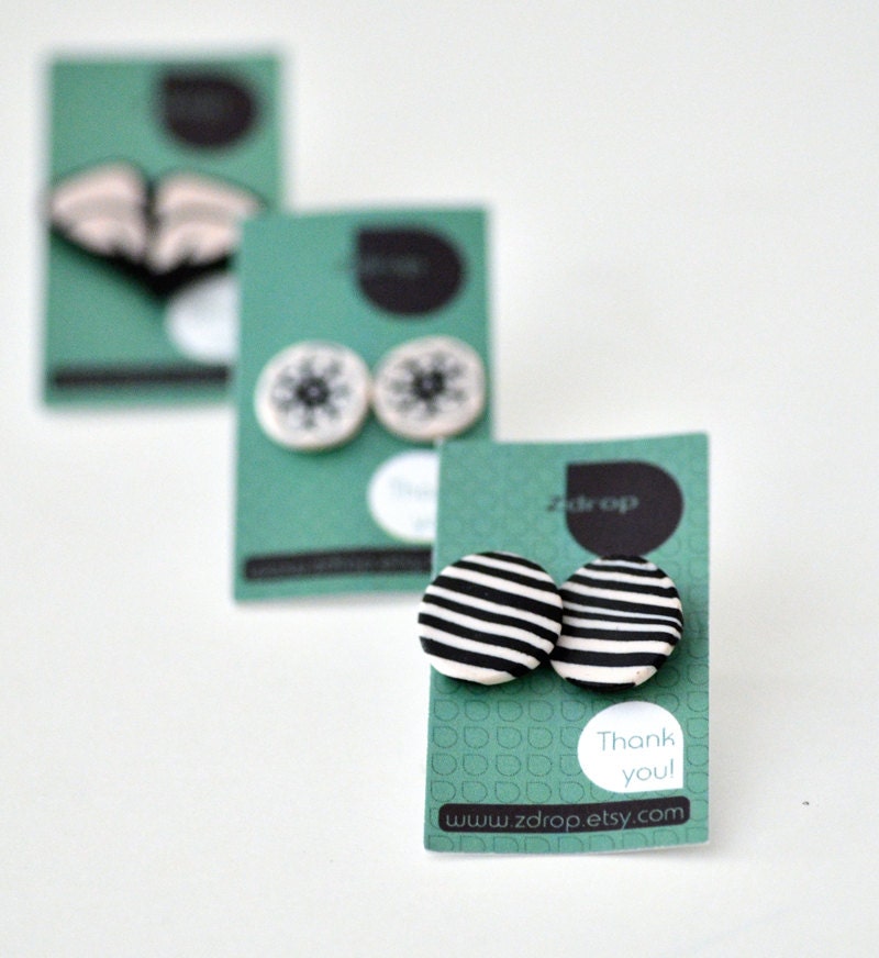 Minimal post earrings- stripe black and white - nautical- stud polymer clay- under 25- everyday jewelry