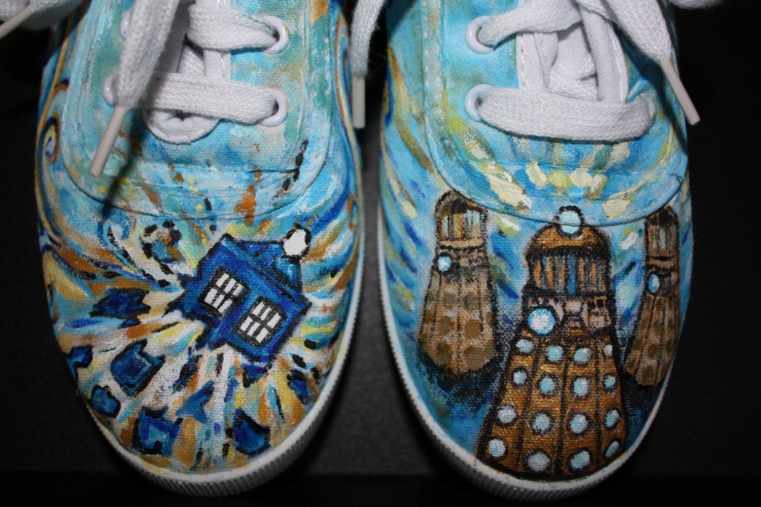 Doctor Who Sneakers Shoes Handpainted Daleks Exploding Tardis Van Gogh swirls 1-3 day turnaround Toms Vans Any size Any shoe dr who