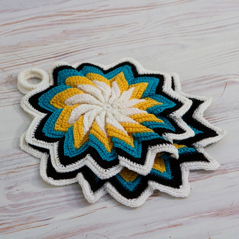 Vintage Crochet Black, White, Yellow and Aqua Pot Holders