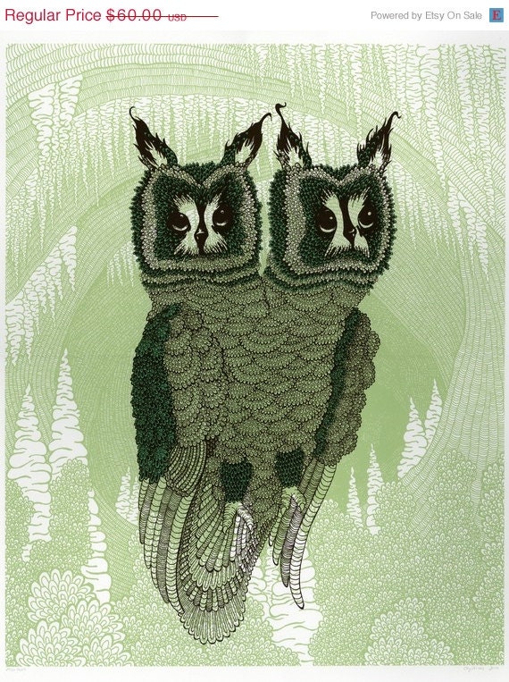 SUMMER FUN SALE Owl Screenprint - Green (18x24)