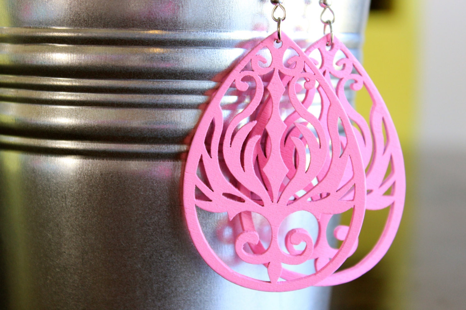 Pink teardrop filigree wood earrings