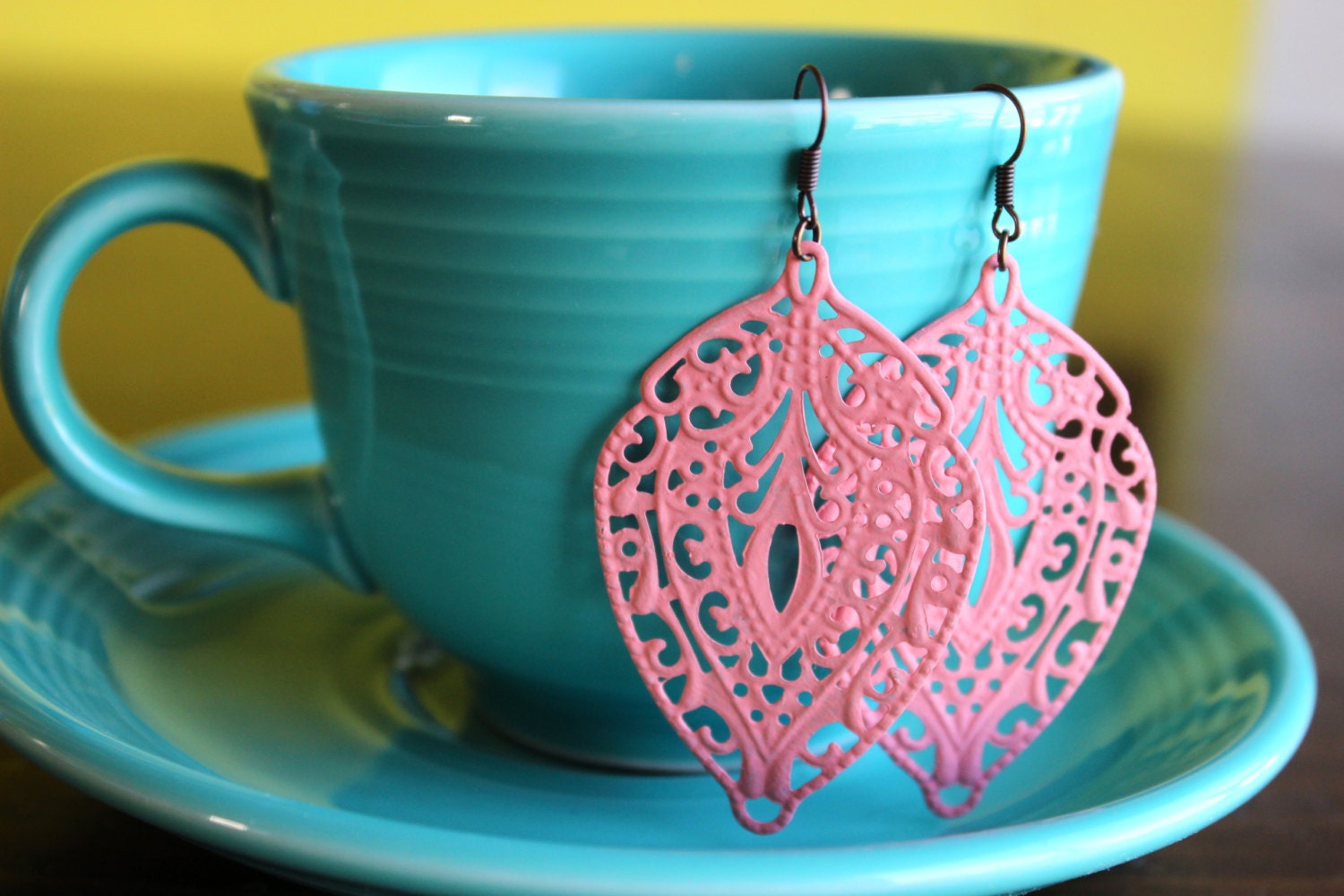 Pink teardrop filigree earrings