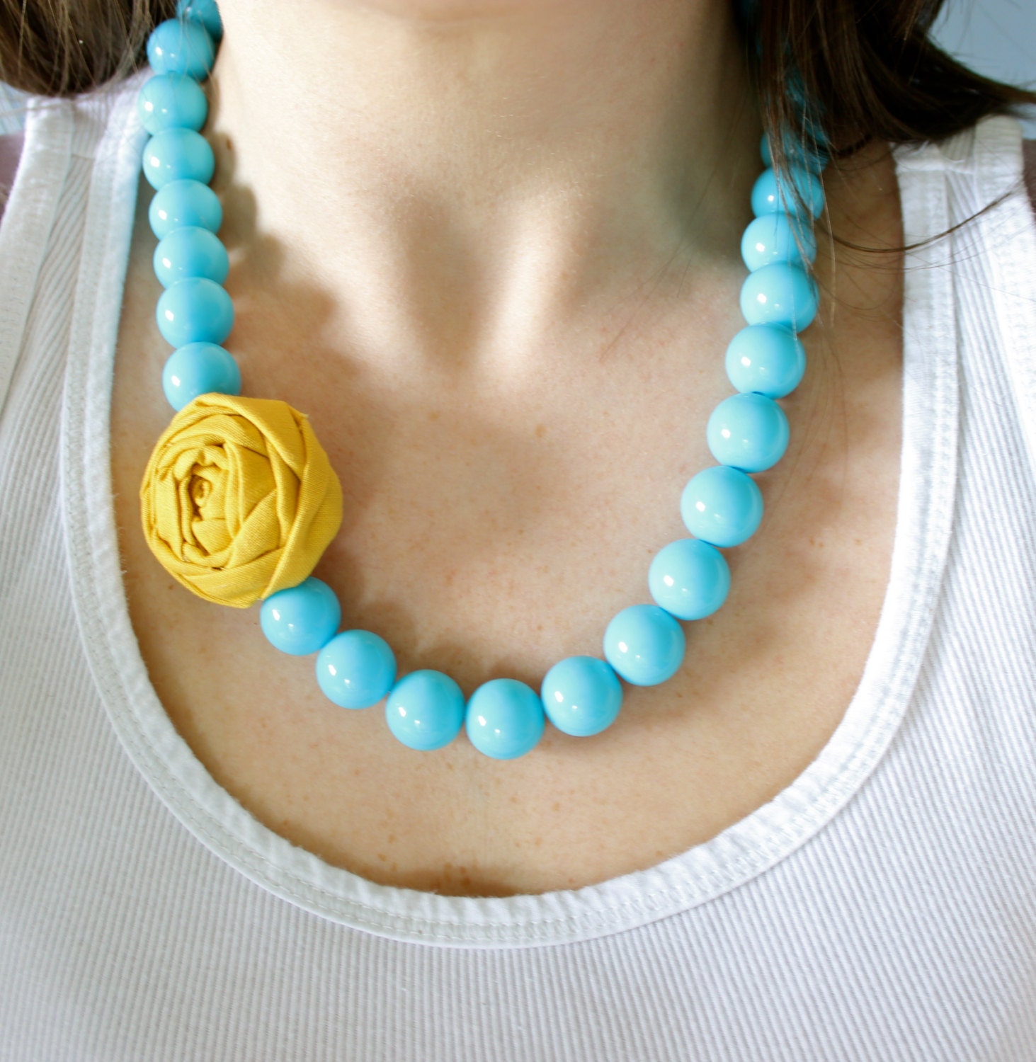 Turquoise and mustard statement necklace fabric flower
