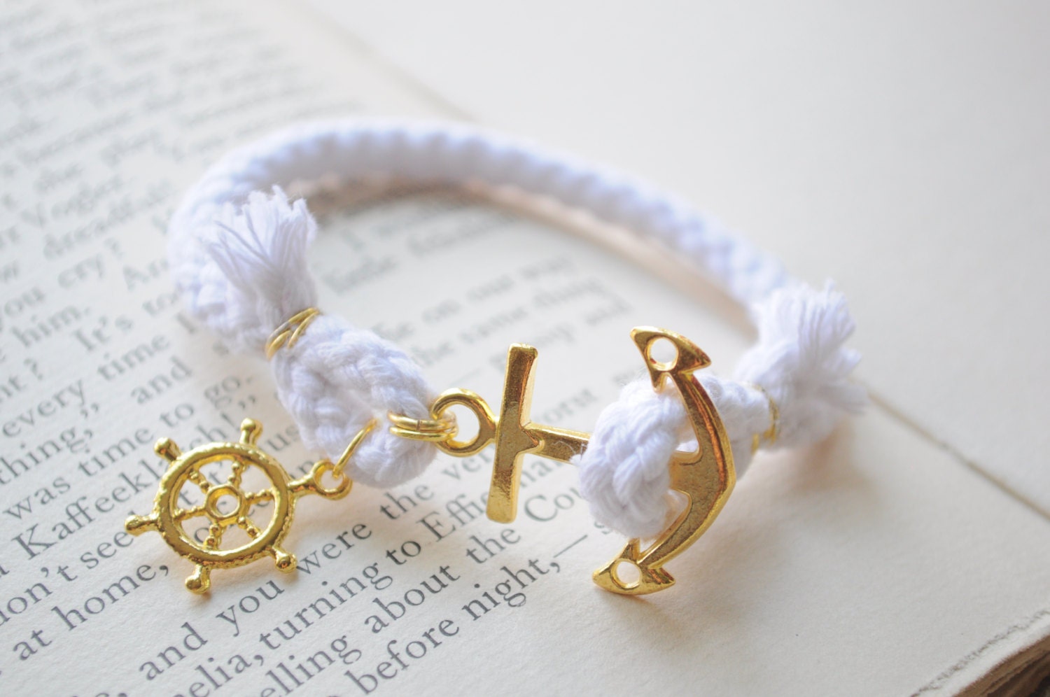 SALE- Anchor Bracelet No. 59- White cord and gold anchor clasp.  Wheel charm