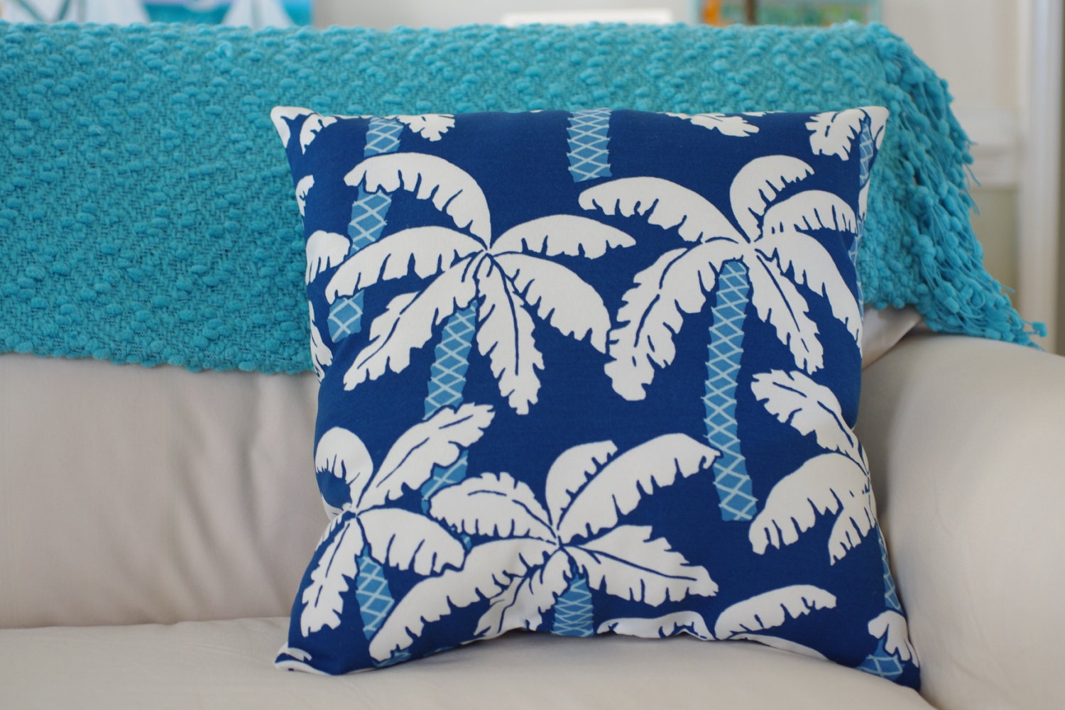 Beach Decor Blue and White Palm Tree Throw Pillow - 18x18