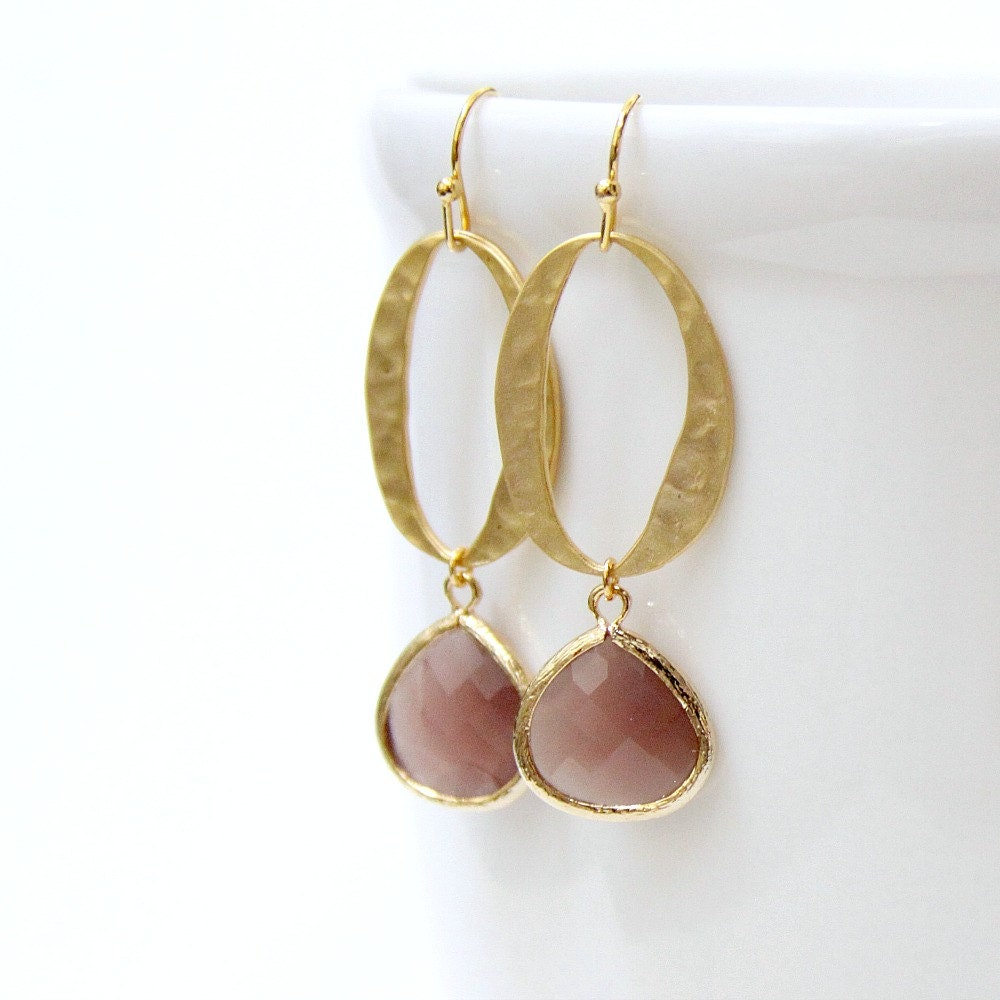Mauve Taupe Faceted Glass Stone Golden Hoop Earrings