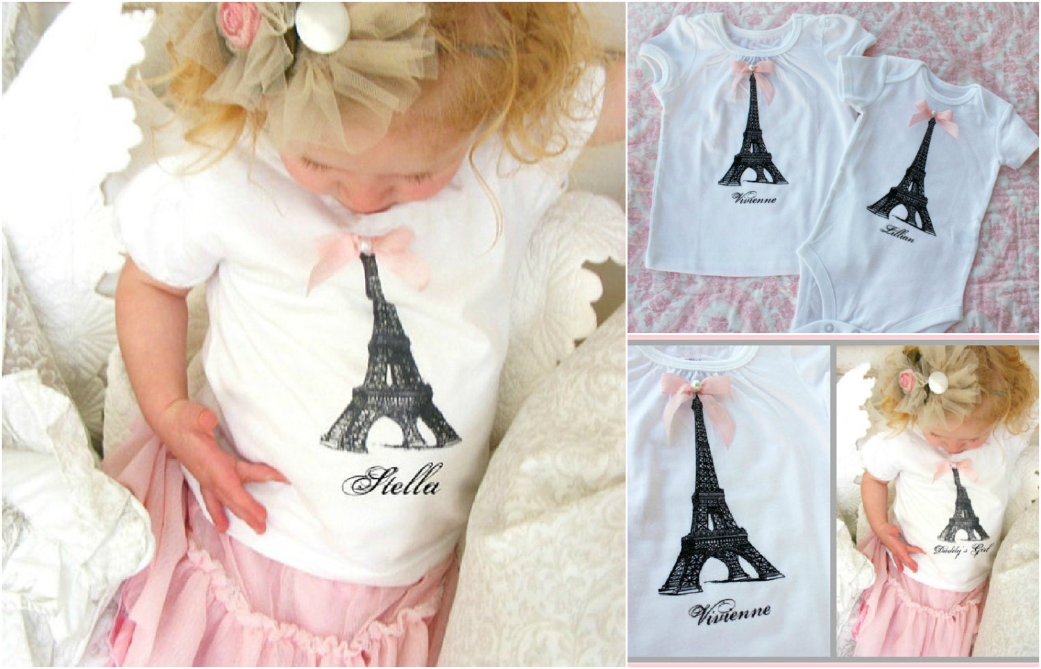 Baby Girl Easter Sunday Dress. Personalized & Screen Printed Eiffel Tower Short Sleeve Tee / T-Shirt OR LONG Sleeve Onesie. Paris Birthday