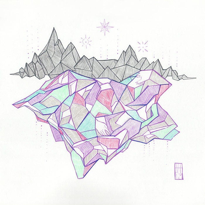 Black Mountain - square 12 x 12 inch archival art print colored pencil