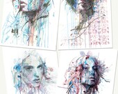 SIgned Pack of 4 varnished postcards in hand drawn envelope, by artist Carne Griffiths