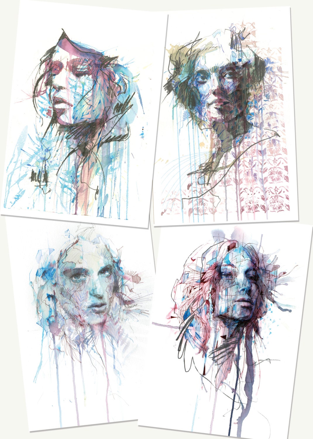 SIgned Pack of 4 varnished postcards in hand drawn envelope, by artist Carne Griffiths