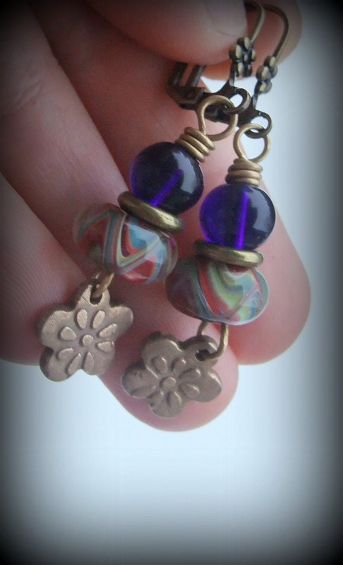 Flower Earrings, Theatoo Earrings, Dangle Earrings, Lampwork Earrings, Bronze Earrings