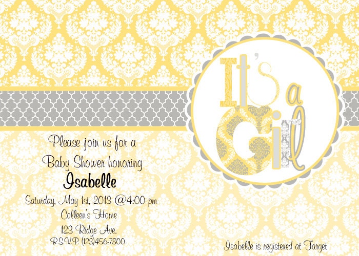 Baby Girl Shower Invitation-Printable and Editable PDF File- Yellow and Gray Damask-Add your own text, Instant download