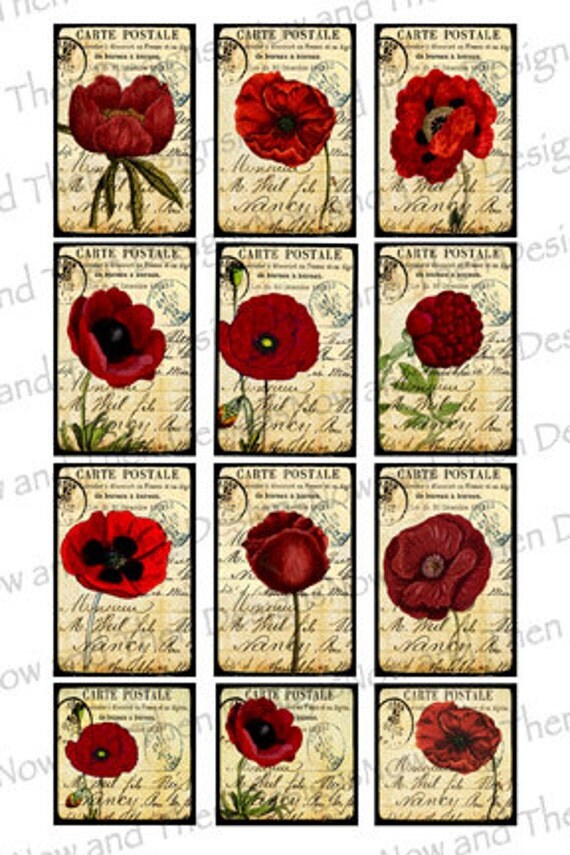 Digital Collage Sheet Printable Vintage Poppies and Peonies (1x1.5) 4x6 INSTANT DOWNLOAD No.122