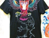 Hand Painted Owl Tattoo illustrative T-Shirt Women's Large