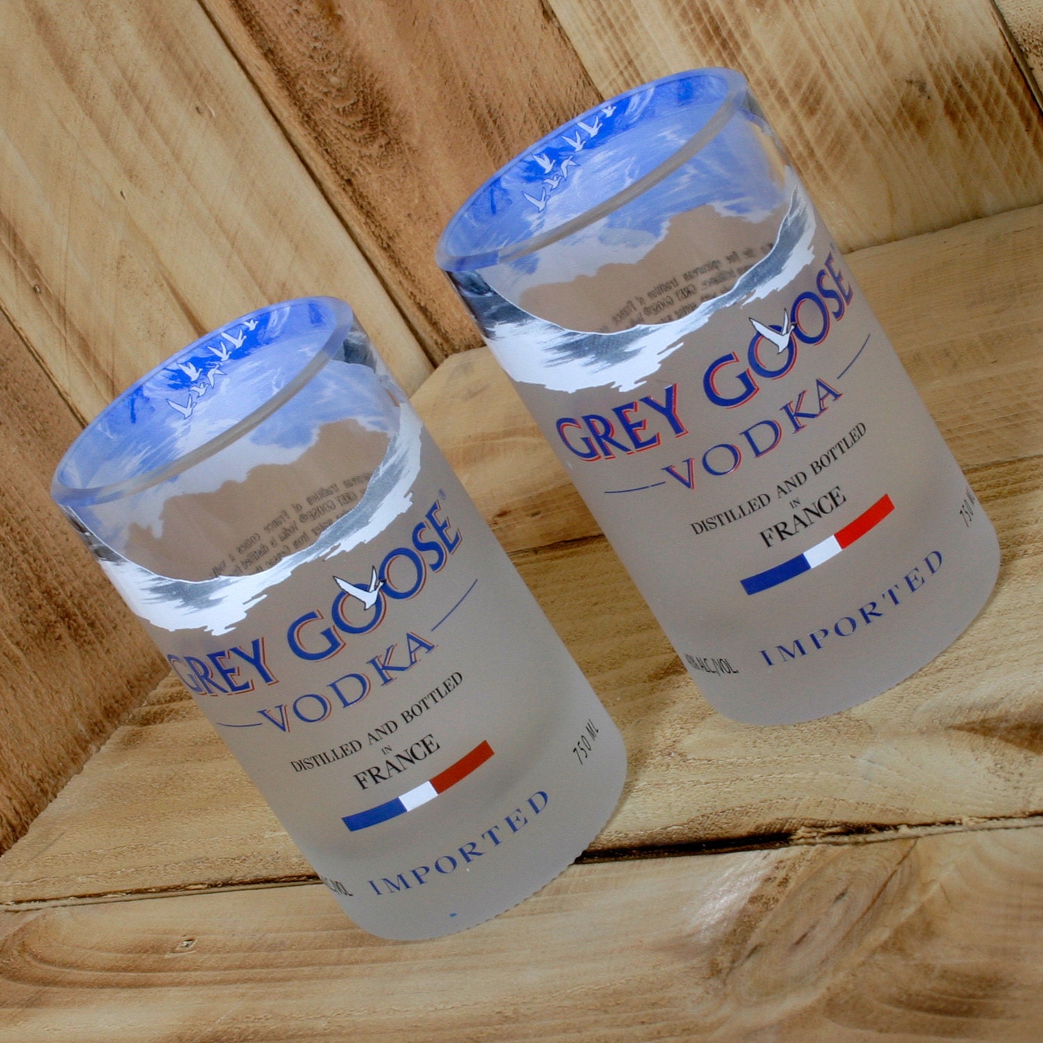 Grey Goose Tumblers made from upcycled vodka bottles